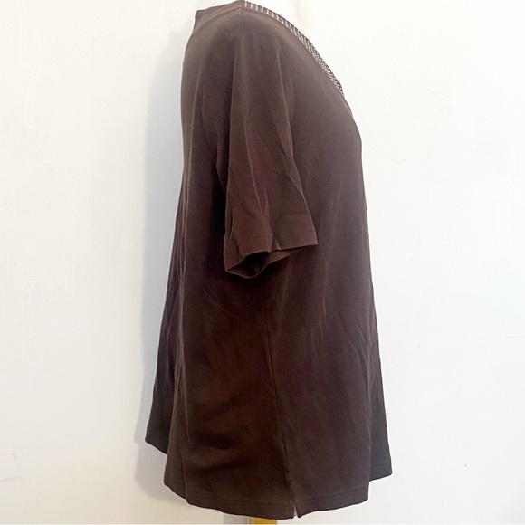 Quacker Factory Brown 100% Cotton Knit Blingy V-Neck Short Sleeve Top 1X - Picture 4 of 7